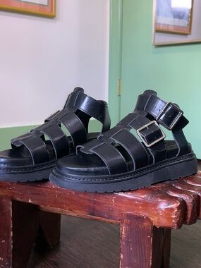Black Faux leather Chunky Sandals Fisherman Buckles Lug Platform Whimsygoth Emo